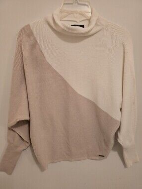Tahari White and Cream Color block Turtleneck Sweater